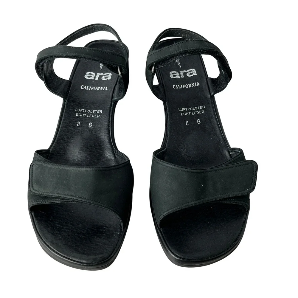 Ara California Women's 8 G Black‎ Leather Comfort Sandals Hook Loop Wedge
